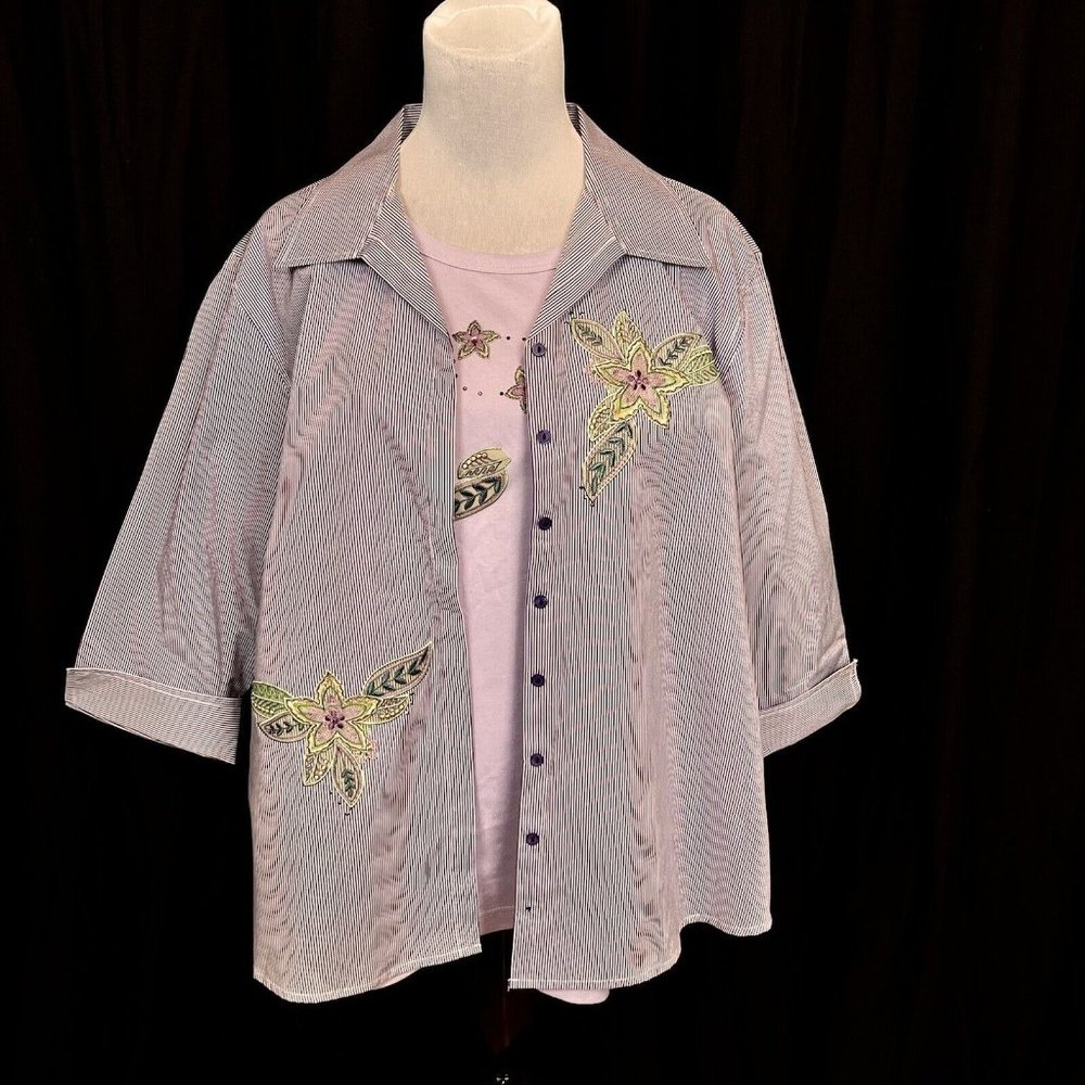 Isaac's Designs‎ Floral Button Up /Tee Shirt Set Purple Stripe Embroidered Sz XL